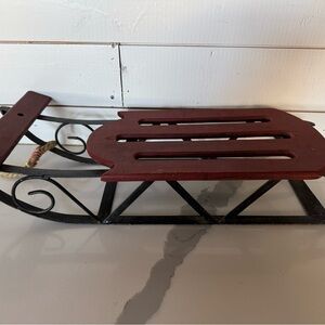 Primitive Wood Metal Black Red Sled Centerpiece Decor 23” Long